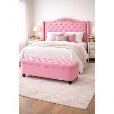 Imagem de Kit De Quarto Lisboa Cabeceira De Cama Box E Calçadeira Baú Casal 140 Cm Suede Rosa Eli Móveis E Decoração