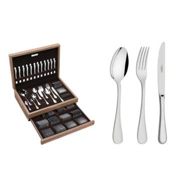 Imagem de Faqueiro Classic Aço Inox e Estojo de Madeira MDF Inox Polido Brilho para Mesa e Sobremesa Prata