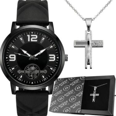 Imagem de Relogio Masculino Preto Aço Inox + Cordão Prata Caixa pingente cruz so