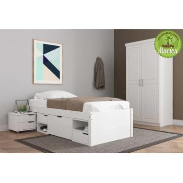 Imagem de Cama Solteiro com 3 Gavetas e 1 Mesa de Cabeceira Charme Branco/Lavado