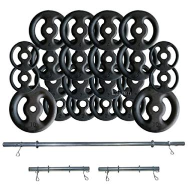 Imagem de Kit Anilhas Ferro Fundido 80 Kg + Barras Com Presilhas