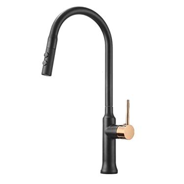 Imagem de Pkfinrd Torneira de cozinha retrátil preta telescópica giratória quente e fria torneira multifuncional para pia