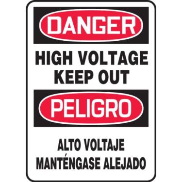 Imagem de Accuform SBMELC128VS Placa bilíngue espanhola de vinil adesivo, legenda "DANGER HIGH TENTAGE KEEP OUT/PELIGRO ALTO VOLTAJE MANTENGASE ALEJADO", 35,5 cm de comprimento x 25,4 cm de largura x 0 cm de