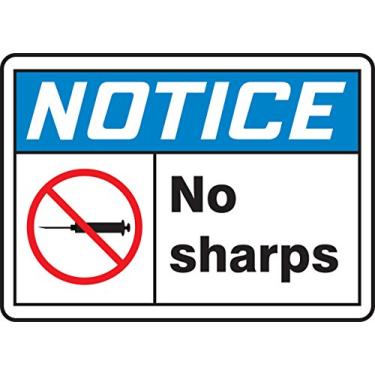 Imagem de Accuform Signs MBHZ801VS Placa de segurança de vinil adesiva, legenda "Notice NO Sharps" com gráfico, 17,8 cm de comprimento x 25,4 cm de largura x 0 cm de espessura, azul/preto/vermelho em branco