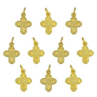 Imagem de Pacote com 10 pingentes de cruz de medalha de quatro vias metálicos dourados | Joias católicas DIY | Ótimo presente cristão para batismo, primeira comunhão e confirmação, Metal, Sem pedra preciosa
