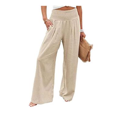Imagem de Bestgift Calça feminina de algodão e linho plus size com perna larga e cintura elástica, Damasco, G