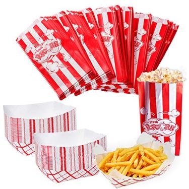 Imagem de Suprimentos para festa de cinema - Conjunto de 150 peças - 100 sacos de pipoca e 50 bandejas de papel - Festa de Natal - Suprimentos de suporte de concessão - Festa de circo da Tigerdoe