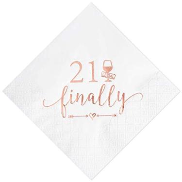 Imagem de Guardanapos de coquetel de 21 anos Crisky ouro rosa 21 decorações de festa de aniversário para bolo, sobremesa, berverage mesa, 21 aniversários de aniversário, 21 finalmente legal bebida, 50 peças, 3 pregas