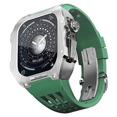 Imagem de KANUZ Pulseira de caixa de relógio, para Apple Watch Case Band 44mm 45mm Metal Frame Strap Acessórios, para iWatch Series 8 7 6 5 SE Substituir, com ferramenta (Cor: Verde, Tamanho: 44mm)