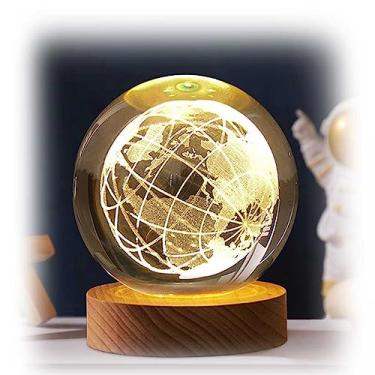Imagem de Lumin?ria Bola Esfera Cristal De Mesa Planeta Terra Gal?xia Sistema Solar LED Base Madeira Enfeite Decorativo Casa (Planeta Terra)