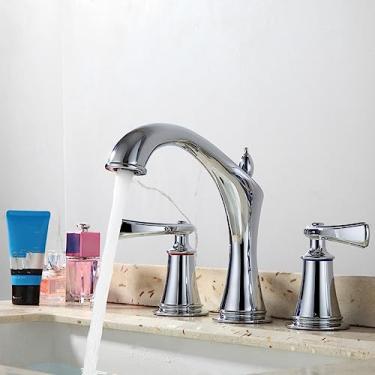 Imagem de Torneira de lavatório torneira de banheiro ampla torneira de pia de 3 furos misturadora quente fria rosa ouro torneira de água, cromada