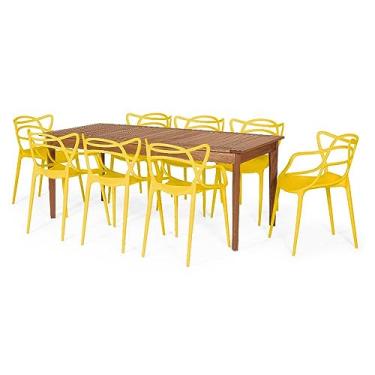 Imagem de Conjunto Mesa de Jantar Retangular em Madeira Maciça 186cm com 8 Cadeiras Allegra - Amarelo