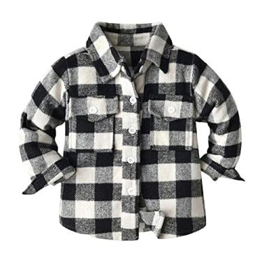 Imagem de Camiseta infantil de flanela para meninos Laye jaqueta xadrez manga longa lapela botão para baixo Shacket bebê meninos pequenos longos, Preto, 3-4 Anos
