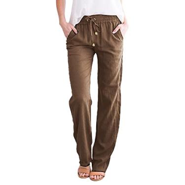 Imagem de Elogoog Calça feminina casual solta de perna larga, calça social moderna de cintura alta, calça casual de outono com bolso, 6a1-marrom, G