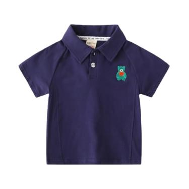 Imagem de Yueary Camisa polo para bebês meninos manga curta botão gola V urso bordado camiseta desenho animado gola polo, Azul-marinho, 100/2-3 Y