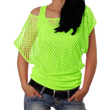 Imagem de Fantasia feminina casual sexy dos anos 80 arrastão neon ombro de fora camiseta ombro de fora para mulheres casual manga curta tops femininos, A#_verde, GG