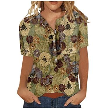 Imagem de Camisetas longas femininas com estampa floral folgada outono verão manga curta gola V camisa de linho feminina 2024 Y2K, K-470 amarelo mostarda, 3G