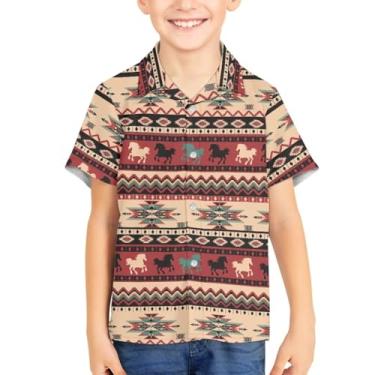 Imagem de Camisetas havaianas unissex de verão para meninos camiseta manga curta com botões Aloha camisetas estampadas tropicais, Cavalo tribal, 13-14 Years