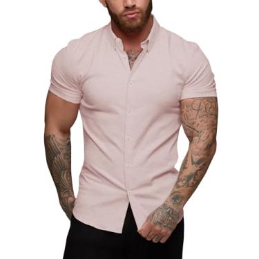 Imagem de URRU Camisa social masculina slim fit stretch manga curta casual abotoada para homens, Manga curta - couro rosa, G