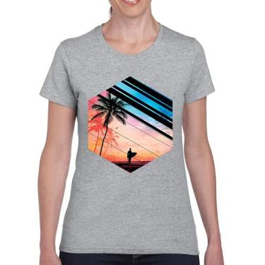 Imagem de Camiseta feminina Surfer Paradise Vintage Ocean Summer Surfing Wave Vacation Sea Beach Surfboard Peddle Boarding, Cinza, 3G