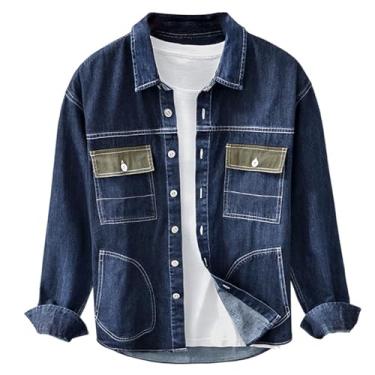 Imagem de Camisa jeans masculina, manga comprida, bolsos funcionais, cor sólida, botões frontais, caimento solto, Azul-escuro, XXG