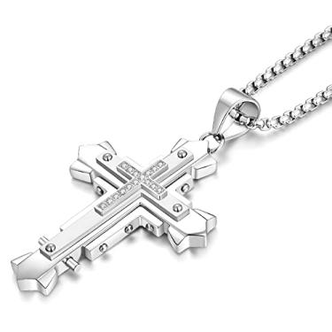 Imagem de JUNOVUROS Colar de cruz de dois tamanhos diferentes para homens e meninos 316L aço inoxidável colar com pingente de cruz para homens meninos prata ouro preto com corrente de elos redondos de 50 a 71 cm e corrente bizantina, 20'' Rolo, Aço inoxidável, Zircônia cúbica