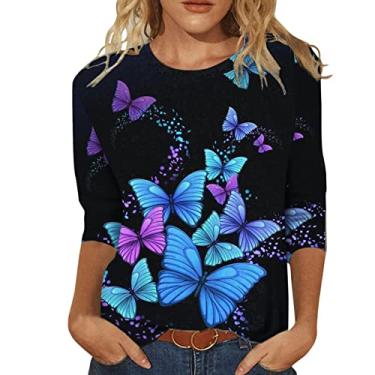 Imagem de Camisetas femininas com manga 3/4 de comprimento e gola redonda e estampa floral, Ofertas relâmpago azul claro, XXG
