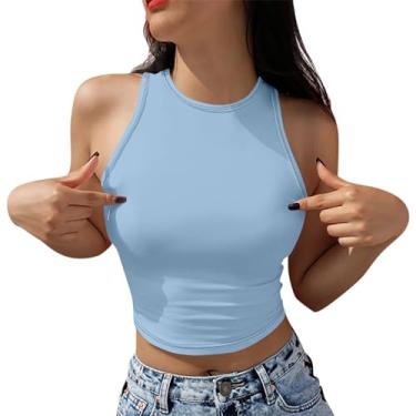 Imagem de PKDong Halter Tops para mulheres, sexy, sem mangas, gola única, colete de treino, camiseta de verão, regata cropped, Azul claro, M