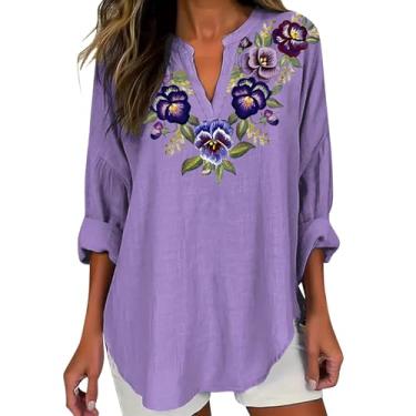Imagem de Camiseta feminina de conscientização Alzheimers de linho grande Henley gola V camisetas confortáveis blusa gráfica flor roxa, Roxo claro, G
