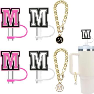 Imagem de Haundry Pacote com 4 capas de canudo para copo Stanley, tampa de palha reutilizável de 10 mm com 2 peças de acessórios de pingente de letra inicial para copo Stanley com alça, rosa branco M