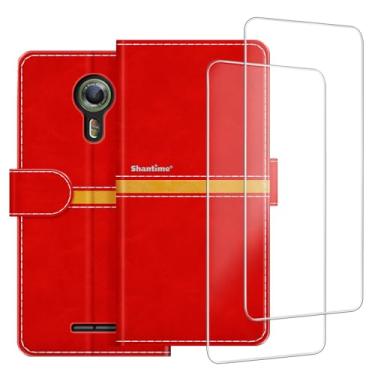 Imagem de ESACMOT Capa de celular compatível com Alcatel One Touch Flash 2 + [2 unidades] película protetora de tela, capa protetora magnética de couro premium para Alcatel One Touch Flash 2 (12.7 cm) vermelha