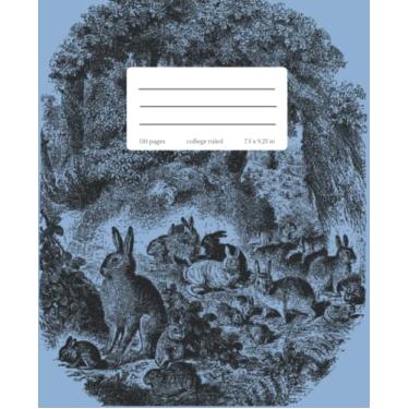 Imagem de Caderno de composição pautado pela faculdade: ilustração vintage de floresta e coelho | Lindo diário estético azul para crianças, meninas, meninos, adolescentes, adultos... fazendo na escola,