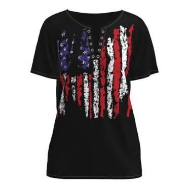 Imagem de Camiseta Patriótica Bandeira Americana 4 de Julho Camiseta feminina American Shirt Stars Stripes Tops Henley Neck Túnica, Preto, G