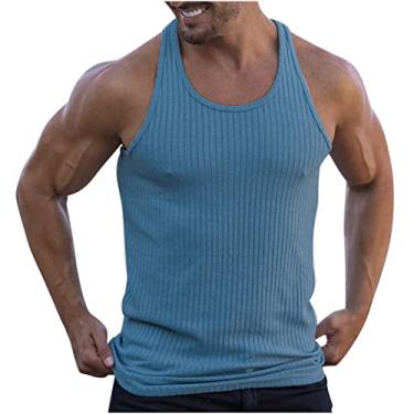 Imagem de Camiseta regata canelada lisa para academia masculina verão outono gola canoa colete masculino 2024 ajuste regular, T-075 Azul royal claro, M