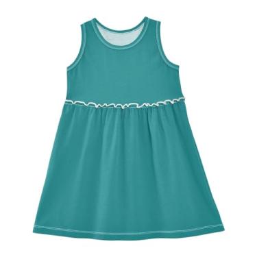 Imagem de CHIFIGNO Vestido feminino sem mangas gola redonda casual verão roupas infantis vestidos de férias 2-8T, Azul-petróleo, 4 Anos