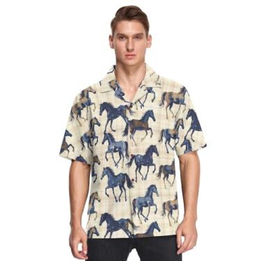 Imagem de Camisas havaianas masculinas de verão para praia, camisa casual de botão, manga curta, caimento solto, Vintage Horses xadrez marrom, XXG