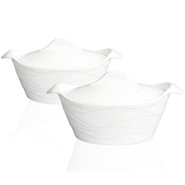 Imagem de jinsongdafa Conjunto de utensílios de cozinha de cerâmica francesa branca com tampas, resistente a lascas e rachaduras, micro-ondas, máquina de lavar louça, forno, freezer e geladeira