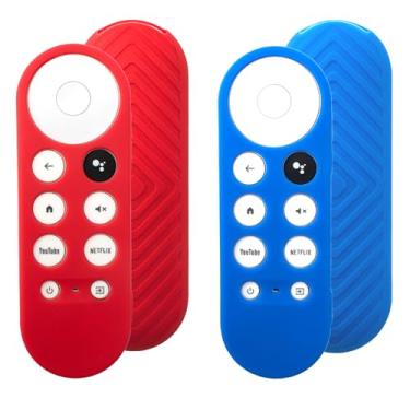 Imagem de Pacote com 2 capas para controle remoto compatível com Chromecast 2020 com Google TV Voice Remote, capa de silicone antiderrapante (azul oceano + vermelho)