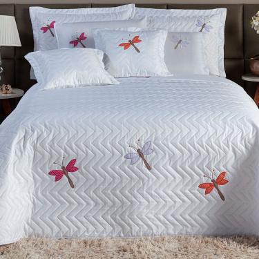 Imagem de Cobre Leito Casal Queen Size Matelado 3 Peças Bordado Libélula Branco