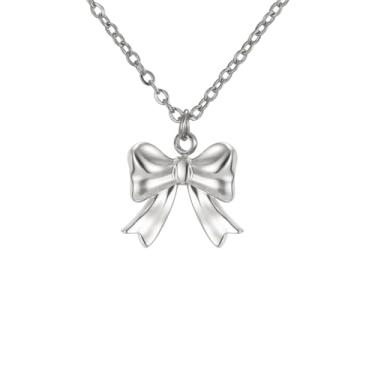 Imagem de kkjoy Lindo pequeno colar de laço de aço inoxidável banhado a prata delicada fita borboleta pingente colar borboleta laço joia para mulheres encantadoras senhoras, Length 45+5cm, Aço inoxidável, Sem