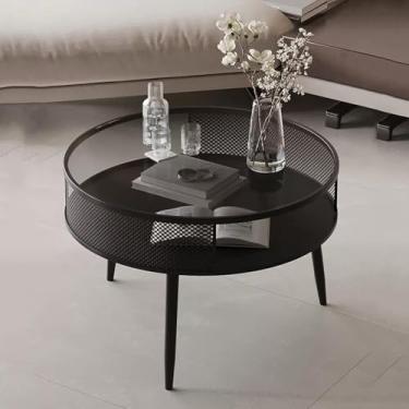 Imagem de Mesa de centro de vidro, mesa lateral redonda com cesta de armazenamento vazada, mesa central de sofá moderna para sala de estar, varanda, pátio