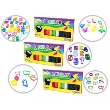 Imagem de Genérico Kit Escolar Brinquedo Massinha e Forminhas de Modelar 3 Caixas Multicolorido 12 Cores 180g + 63 Cortadores Alfabeto Completo Numeros Forminhas Dinossauros Pet Massa Modelar Mimo