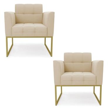 Imagem de Kit 2 Poltronas Elisa Suede Bege Base Metálica Industrial Dourada - D`rossi