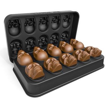 Imagem de HAVOER Bandeja de molde de cubo de gelo de caveira 3D – Máquina de gelo em forma de novidade para bebedores de coquetéis de uísque, barman, moldes de silicone de fácil liberação, doces de chocolate,