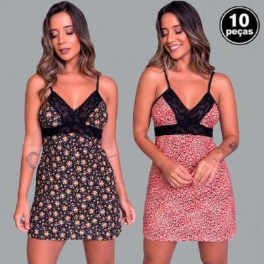 Imagem de Kit 10 Camisolas Liganete Estampada Detalhe Renda Feminina - WLS Modas