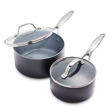 Imagem de GreenPan Panela Valencia Pro rígida anodizada saudável cerâmica antiaderente 2QT e 3QT conjunto com tampas, sem PFAS, indução, pode ir na lava-louças, seguro para forno, cinza