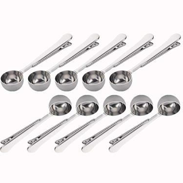 Imagem de 10 colheres e clipe 2 em 1 de aço inoxidável, 1 colher de sopa de colher de medição moída com clipe de saco para café e chá