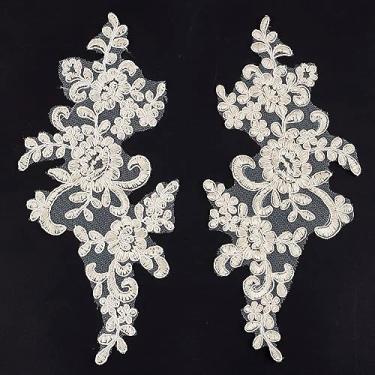 Imagem de GORGECRAFT 2 pares de apliques de renda com seqüência de flores com contas em 3D, aplique de renda bordado, vestido de noiva, enfeite de cabeça para roupas, costura, artesanato, decoração, branco