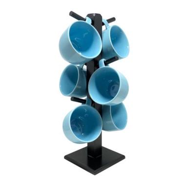 Imagem de Jogo 6 Xícara 170ml Azul Porcelana Com Suporte Preto - MUNDO DA PORCEL