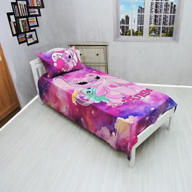 Imagem de Jogo De Lençol Cobre Leito Fronha Stitch Infantil Rosa - Fantasia Bras
